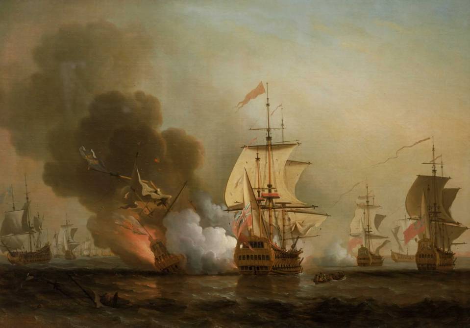 Painting of a naval battle, with several ships engaged in combat.