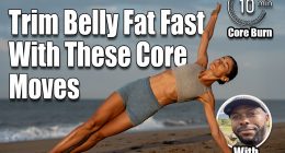 Female Athlete Performing a Side Plank Yoga Pose on a Beach at Holding vs. Moving: What Type of Core Workouts Trim Belly Fat Faster?
