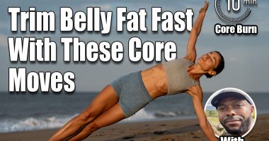 Female Athlete Performing a Side Plank Yoga Pose on a Beach at Holding vs. Moving: What Type of Core Workouts Trim Belly Fat Faster?