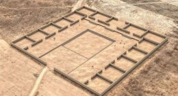 Aerial illustration of the Palaspata temple ruins in Bolivia.