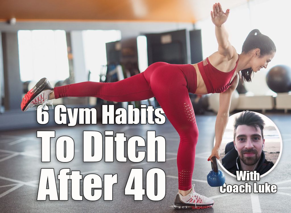 These 6 Gym Habits Are Doing More Harm Than Good After 40. cover. Side view of attractive female in sportswear standing on one leg and smiling while performing exercise with kettlebell in gym