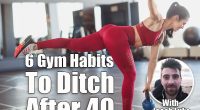 These 6 Gym Habits Are Doing More Harm Than Good After 40. cover. Side view of attractive female in sportswear standing on one leg and smiling while performing exercise with kettlebell in gym