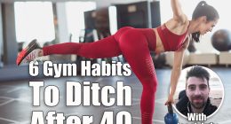 These 6 Gym Habits Are Doing More Harm Than Good After 40. cover. Side view of attractive female in sportswear standing on one leg and smiling while performing exercise with kettlebell in gym