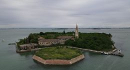 Aerial view of Poveglia Island in the Venetian Lagoon.