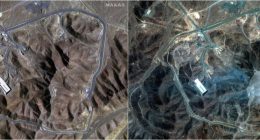 Satellite imagery comparison showing a site before and after an apparent explosion.