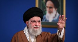 Ayatollah Ali Khamenei addressing a crowd.