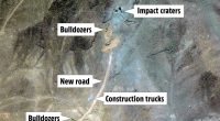 Aerial view of construction activity showing bulldozers, construction trucks, a new road, and impact craters.