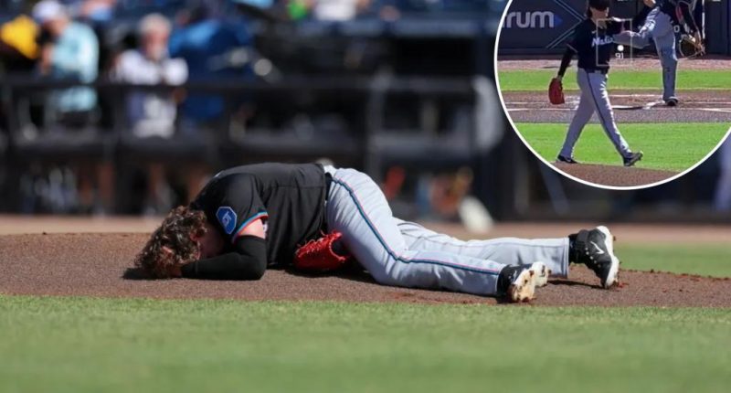 Marlins' Ryan Weathers gets drilled in the head by catcher