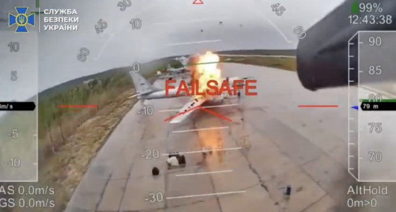 Mandatory Credit: Photo by Ministry of Defense of Ukraine/UPI/Shutterstock (15342808i) Ukraine launched "Operation Spiderweb" on Sunday, June 1, 2025, targeting Belaya Air Base in Russia's Irkutsk region in Siberia, approximately 3,000 miles from Ukraine, using drones to strike its enemy's strategic bombers. This image, taken from a video released by Ukraine, shows Tu-95 Bear and Tu-22 Backfire bombers, as well as A-50 Mainstay airborne early warning and control aircraft under attack. According to a senior NATO official, roughly 40 aircraft were damaged, with 10-13 destroyed. Screenshot via Ministry of Defense of Ukraine/UPI Ukraine Launches Drone Attack Deep Inside Russia Targeting Strategic Bombers, Russian Federation - 04 Jun 2025