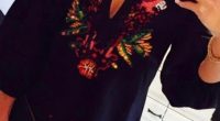Selfie of a woman wearing an embroidered black dress.
