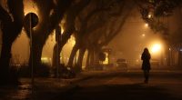 Silhouette of a woman walking down a foggy street at night.
