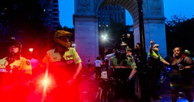 NYPD officers in Washington Square Park following the NYC Pride March.
