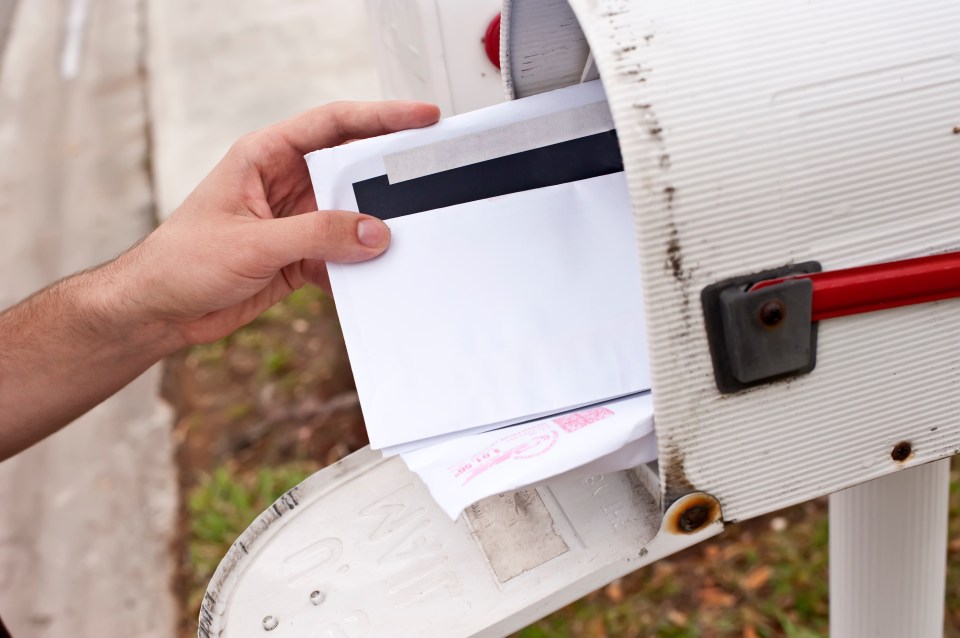 A hand retrieving mail from a mailbox.
