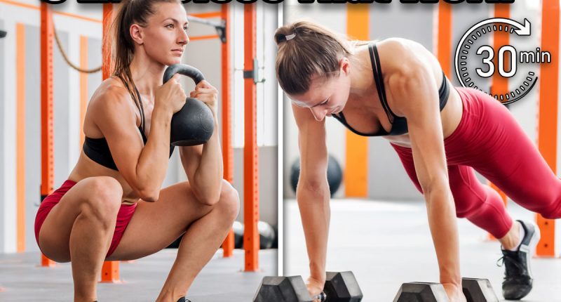 Only Have 30 Minutes? Here Are the 5 Exercises That Actually Work. Cover. Determined female athlete looking away and doing goblet squat with heavy kettlebell during intense training in spacious light gym. Strong sportswoman in activewear with ponytail doing plank with dumbbells during functional training in spacious light gym