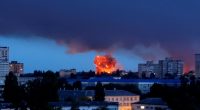 Smoke and fire rising from a Russian strike in Kyiv, Ukraine.