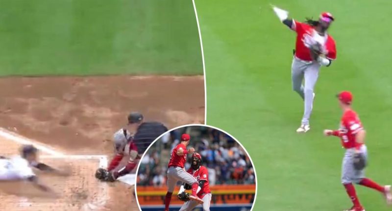 Reds' Elly De La Cruz throws out Tigers Javier Baez with 98 mph throw