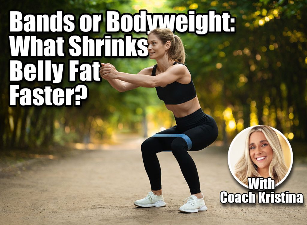 Resistance Bands or Bodyweight? What Shrinks Belly Fat Faster After 40. Cover. Motivated blonde woman in black sportswear and white sneakers exercising with resistance band outdoors, looking at copy space and smiling, full length shot. Fitness equipment concept