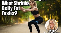 Resistance Bands or Bodyweight? What Shrinks Belly Fat Faster After 40. Cover. Motivated blonde woman in black sportswear and white sneakers exercising with resistance band outdoors, looking at copy space and smiling, full length shot. Fitness equipment concept