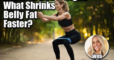 Resistance Bands or Bodyweight? What Shrinks Belly Fat Faster After 40. Cover. Motivated blonde woman in black sportswear and white sneakers exercising with resistance band outdoors, looking at copy space and smiling, full length shot. Fitness equipment concept
