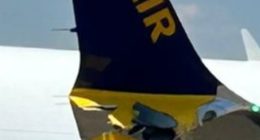 Damaged Ryanair plane wing after crash landing.