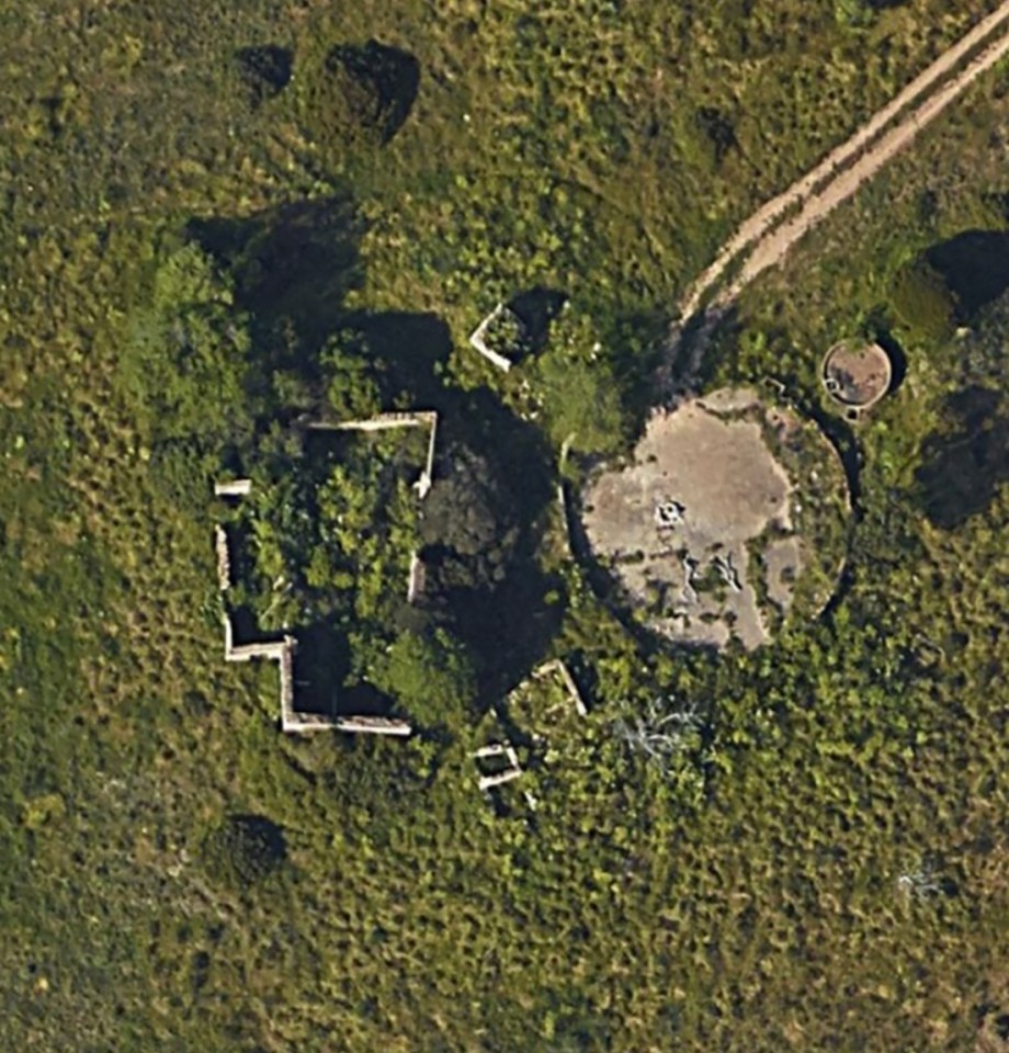 Aerial view of overgrown ruins of a barn and farmhouse.