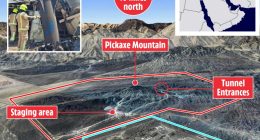 Illustration of Iran's Natanz uranium enrichment plant and Pickaxe Mountain, highlighting its depth and security compared to sites damaged by US bombs.