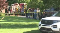 Emergency responders at the scene of a fatal plane crash.
