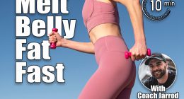 sporty woman holding hand weights working out power walking. Do These 6 Morning Exercises To Torch Belly Fat All Day. Cover