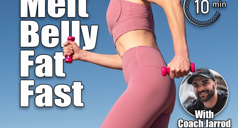 sporty woman holding hand weights working out power walking. Do These 6 Morning Exercises To Torch Belly Fat All Day. Cover