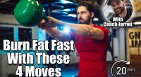 Handsome man doing a weight training by lifting kettlebell. The 4-Move Kettlebell Circuit That Torches Fat in Under 20 Minutes. Cover
