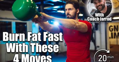 Handsome man doing a weight training by lifting kettlebell. The 4-Move Kettlebell Circuit That Torches Fat in Under 20 Minutes. Cover