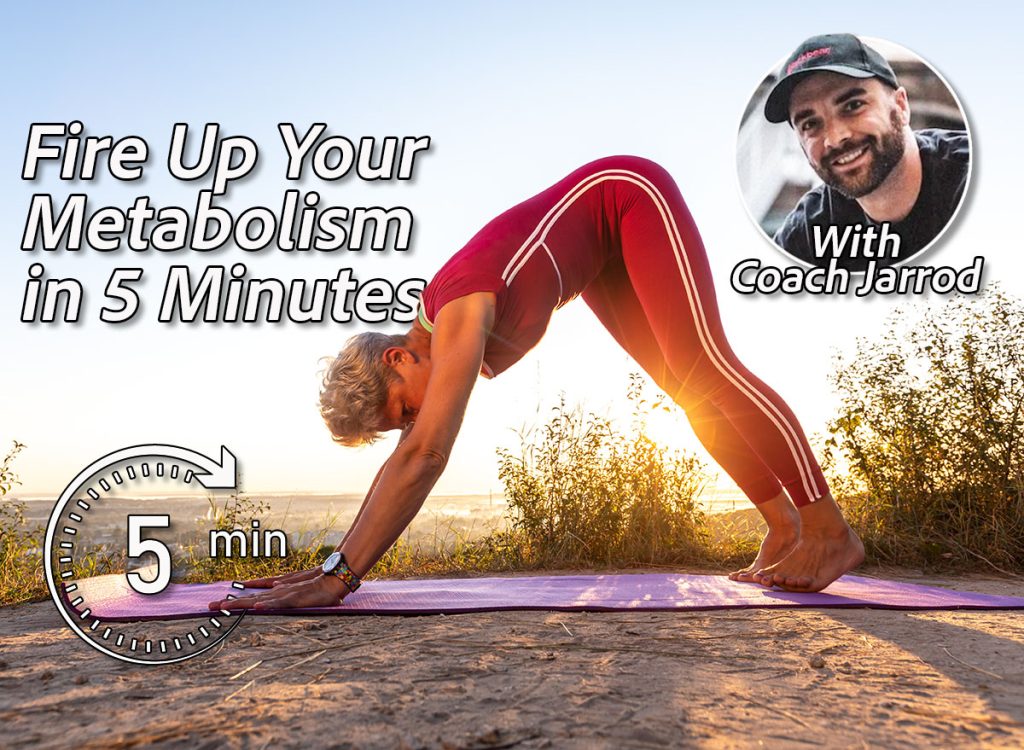 Old Woman in yoge pose Downward Facing Dog in the sunrise