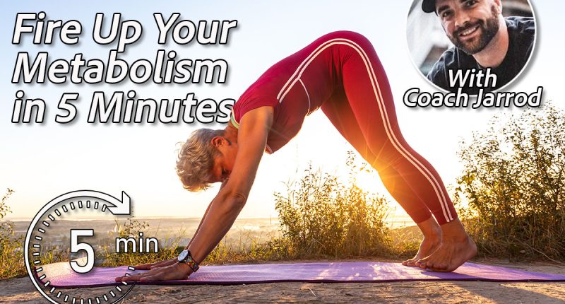 Old Woman in yoge pose Downward Facing Dog in the sunrise