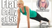 Domestic Workout. Sporty Middle Aged Woman Doing Plank Exercise At Home, Smiling Happy Mature Female Training In Light Living Room, Beautiful Lady Exercising On Yoga Mat, Copy Space. The 5-Move Core Workout That Keeps My Midsection Flat at 58. Cover