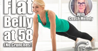 Domestic Workout. Sporty Middle Aged Woman Doing Plank Exercise At Home, Smiling Happy Mature Female Training In Light Living Room, Beautiful Lady Exercising On Yoga Mat, Copy Space. The 5-Move Core Workout That Keeps My Midsection Flat at 58. Cover