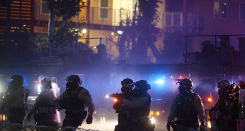 Protesters clashing with law enforcement during a demonstration against immigration raids.