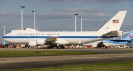 US Air Force Boeing 747-200B plane parked at an airport.