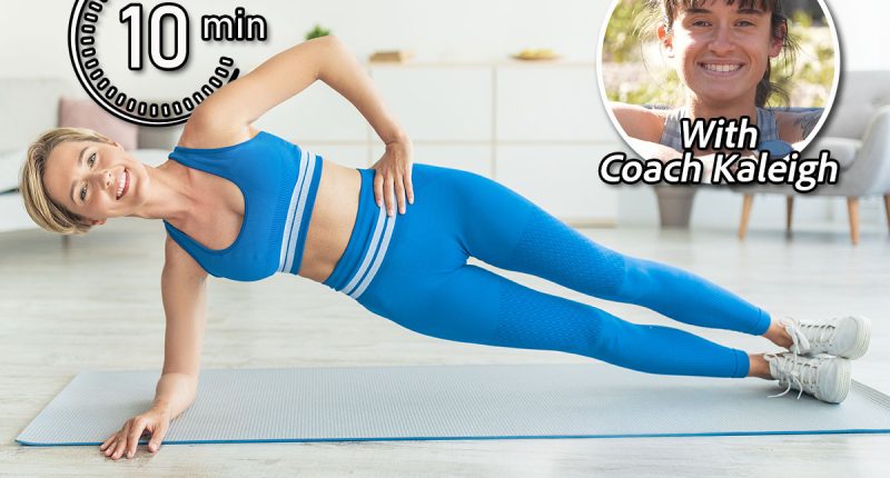 Online Workout. Smiling Sporty Female Standing In Side Plank Position On Floor At Home Training, Looking At Camera Watching Video Tutorial On Pc. Cheerful Lady Exercising Near Computer. Want a Slimmer Waistline? Build These 5 Moves Into Your Morning . Cover