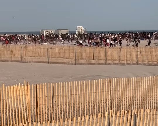 Police helicopter breaking up a beach brawl.