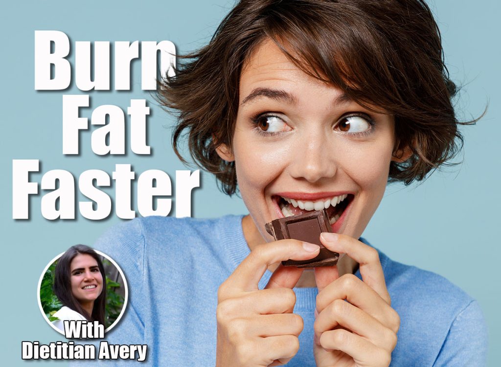 Close up young happy woman in casual sweater hold sweet pink cream donuts biting chocolate bar look camera isolated on plain pastel light blue background studio portrait. People lifestyle food concept. Why Eating Dessert First Helps Women Over 45 Lose Weight Faster Cover