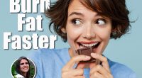 Close up young happy woman in casual sweater hold sweet pink cream donuts biting chocolate bar look camera isolated on plain pastel light blue background studio portrait. People lifestyle food concept. Why Eating Dessert First Helps Women Over 45 Lose Weight Faster Cover