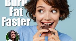 Close up young happy woman in casual sweater hold sweet pink cream donuts biting chocolate bar look camera isolated on plain pastel light blue background studio portrait. People lifestyle food concept. Why Eating Dessert First Helps Women Over 45 Lose Weight Faster Cover