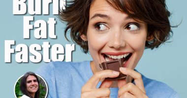 Close up young happy woman in casual sweater hold sweet pink cream donuts biting chocolate bar look camera isolated on plain pastel light blue background studio portrait. People lifestyle food concept. Why Eating Dessert First Helps Women Over 45 Lose Weight Faster Cover