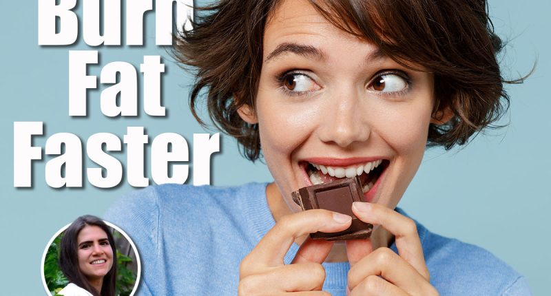 Close up young happy woman in casual sweater hold sweet pink cream donuts biting chocolate bar look camera isolated on plain pastel light blue background studio portrait. People lifestyle food concept. Why Eating Dessert First Helps Women Over 45 Lose Weight Faster Cover
