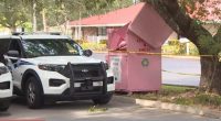 Police cars at a crime scene near a pink clothing and shoe donation bin.