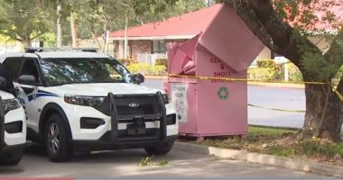 Police cars at a crime scene near a pink clothing and shoe donation bin.