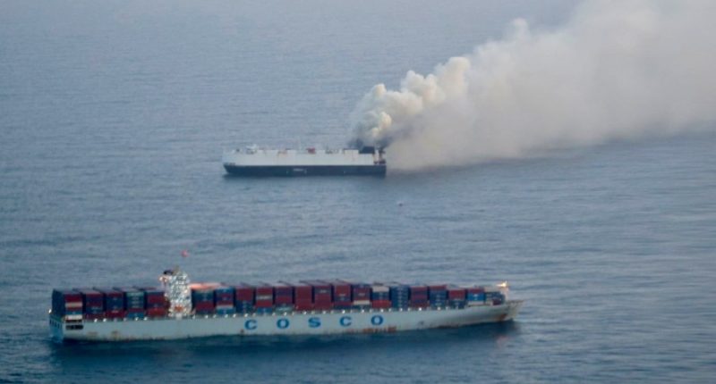 22 crew members rescued from lifeboat in North Pacific after ship carrying 3,000 cars catches fire