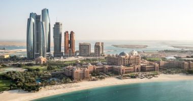 Part of Abu Dhabi, UAE with surrounding area viewed from the helicopter. Many details are visible in the image.
