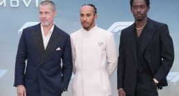 Brad Pitt, Lewis Hamilton and Damson Idris pose for photos on the red carpet