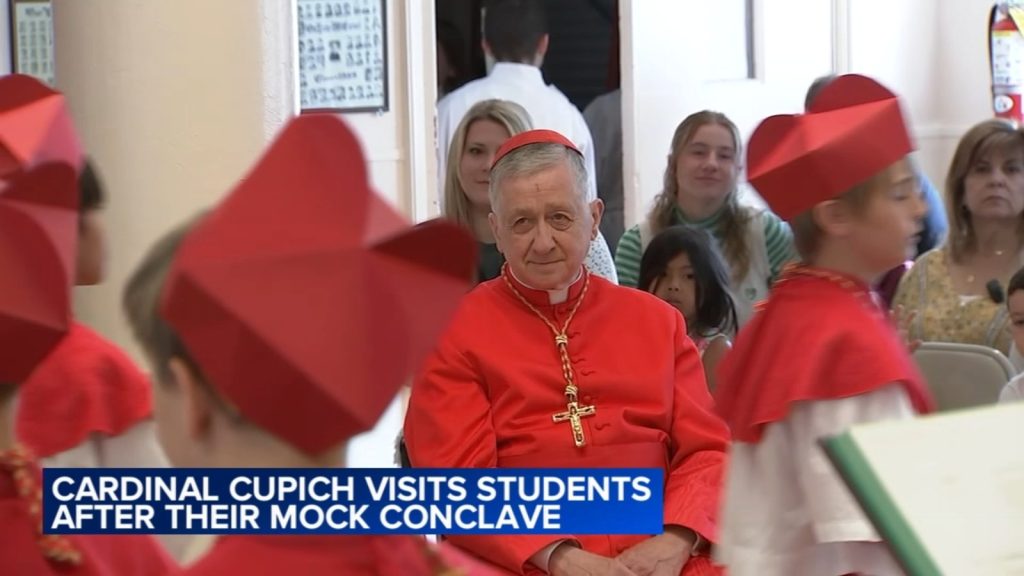 Cardinal Cupich visits students of viral mock conclave at Chicago's Our Lady of Mount Carmel Academy